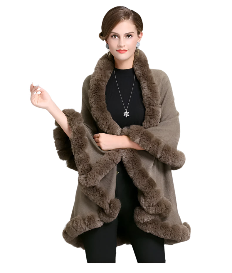 Elegant Outstreet Faux Fox Fur Collar Two-Layer Poncho Cape Cardigan Coat - JVMCL