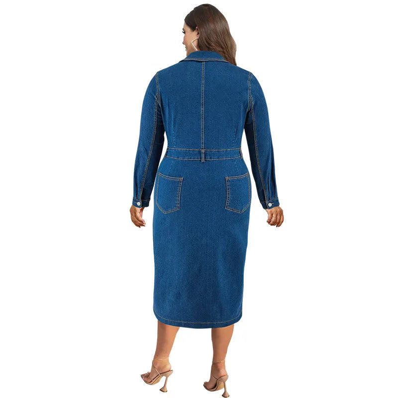 Winter Plus Size Button-Up Denim Dress – Long Sleeve Curvy Midi Jean Dress