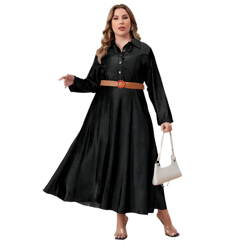 Plus Size Button-Up Long Sleeve Curvy Fit Jean Denim Women Dress