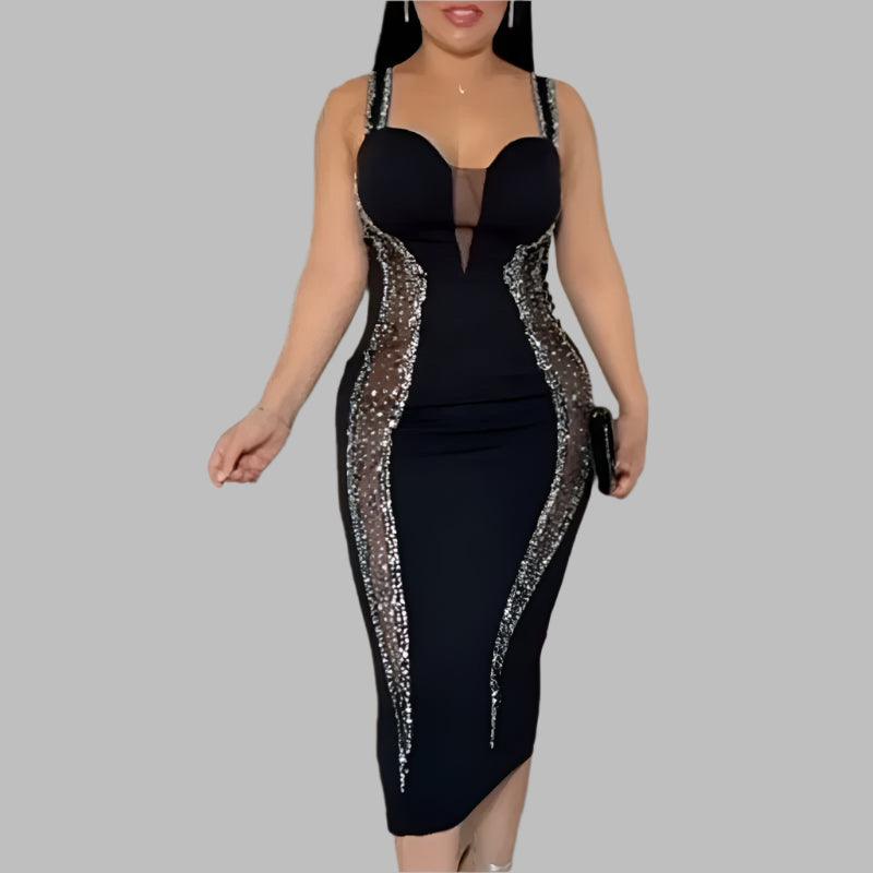 Sexy Spaghetti Strap V-Neck Bandage Bodycon Dress - Elegant Patchwork Midi Dress - JVMCL