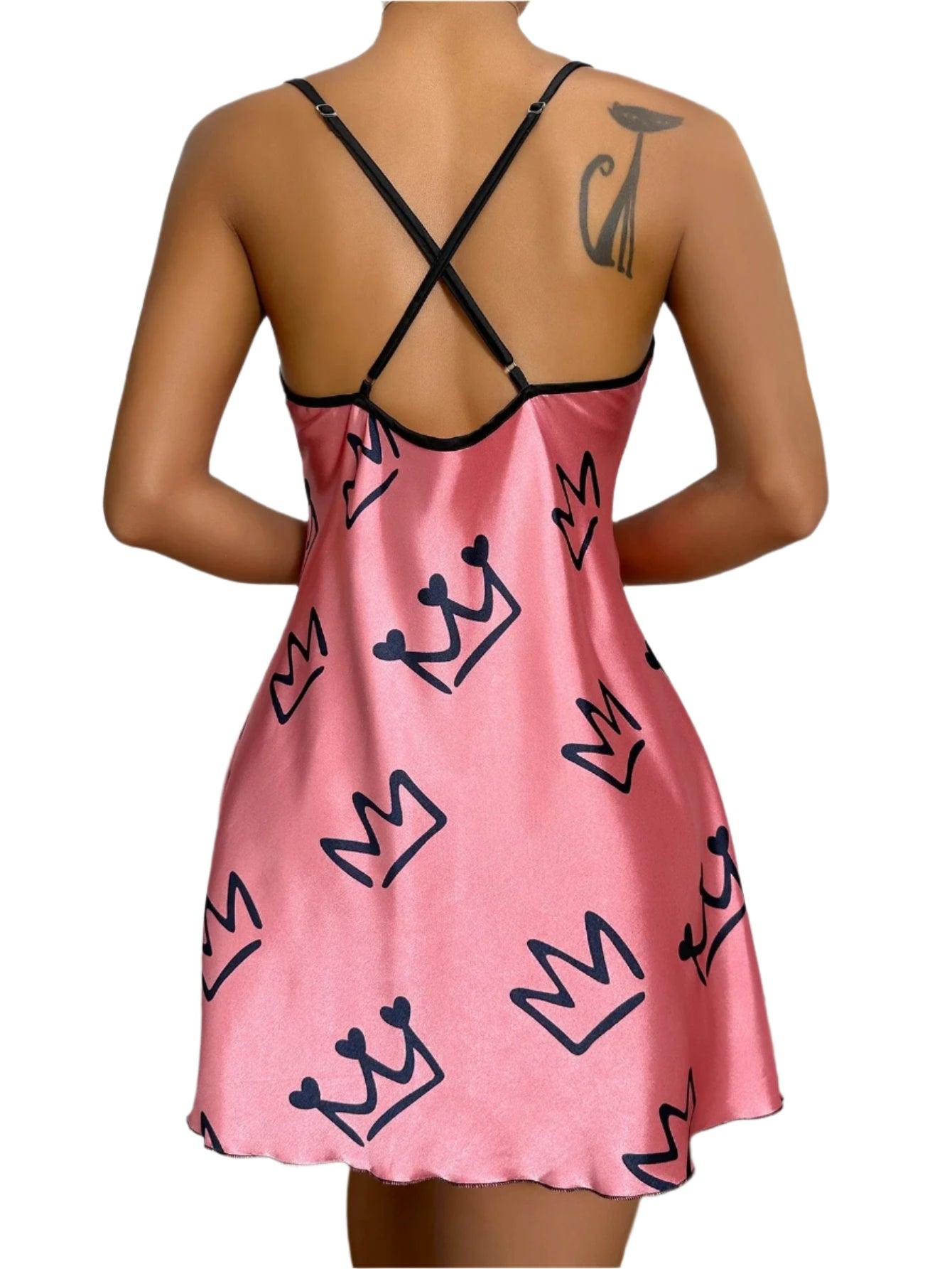 Heart Print Criss-Cross Back Nightdress - Elegant Scoop Neck Sleepwear for Women - JVMCL