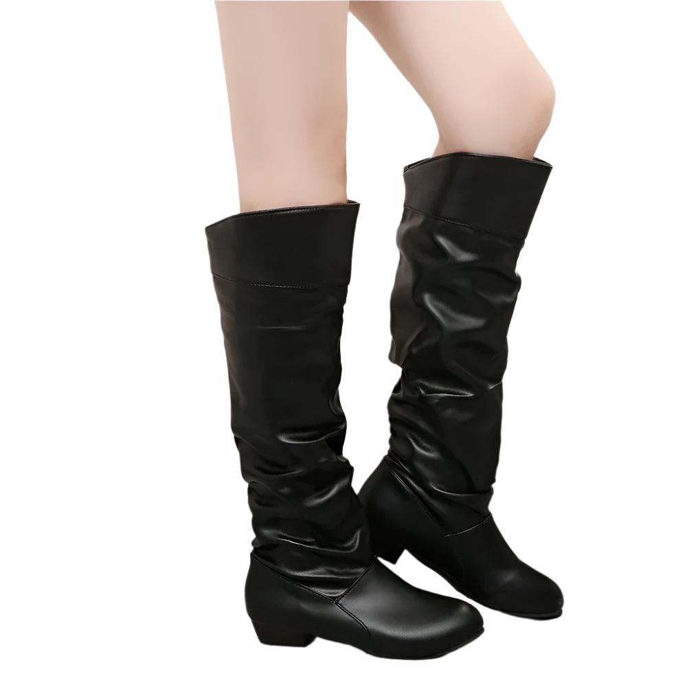 Women's PU Leather Knee-High Boots - Winter Casual Fashion Low-Heel Slim Boots - JVMCL