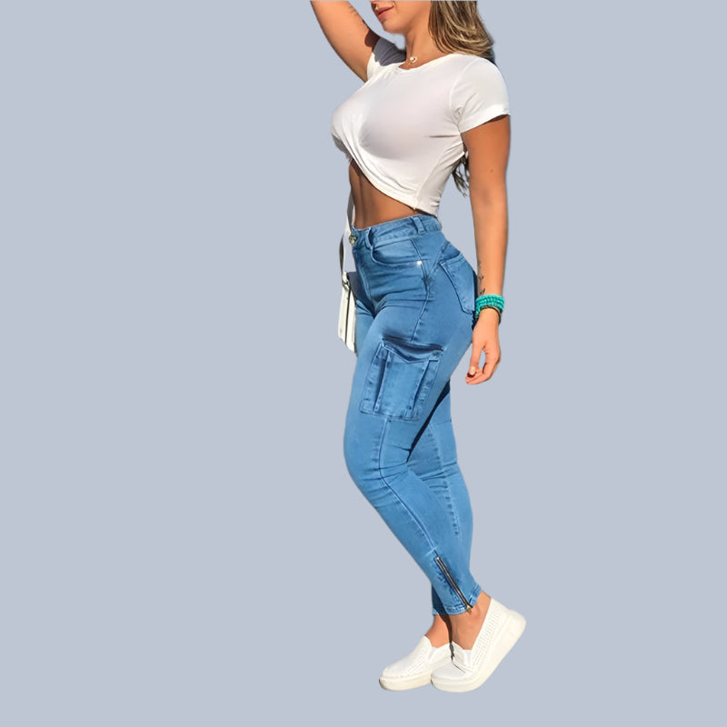 Women’s High Waist Distressed Cargo Jeans – Trendy Streetwear with a Slim Fit