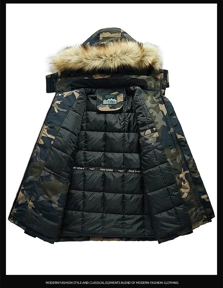 Men's Winter Camouflage Cargo Jacket - Thick Warm Parka with Fur Hood - JVMCL