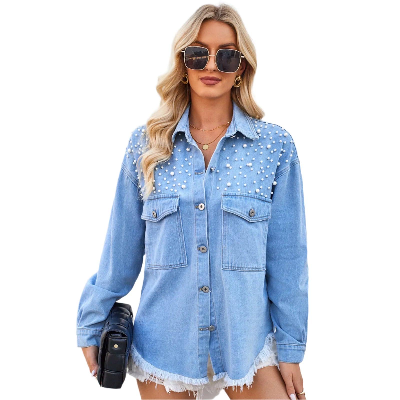 Wash Loose Studded Beading Denim Shirt – Women’s Spring & Autumn Fashion - JVMCL