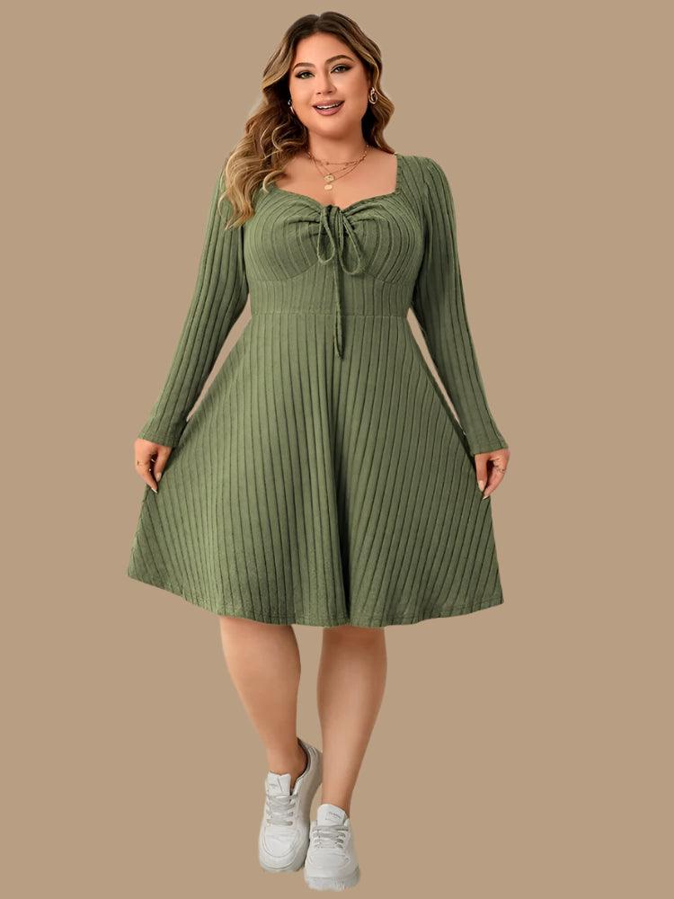 Long Sleeve Ribbed Plus Size Sweetheart Neck Knot Front A-Line Dress - JVMCL