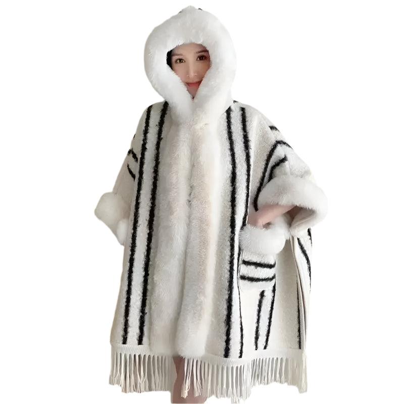 Hooded Overcoat Plaid Faux Lamb Fur Women’s Long Thick Velvet Poncho Cloak - JVMCL