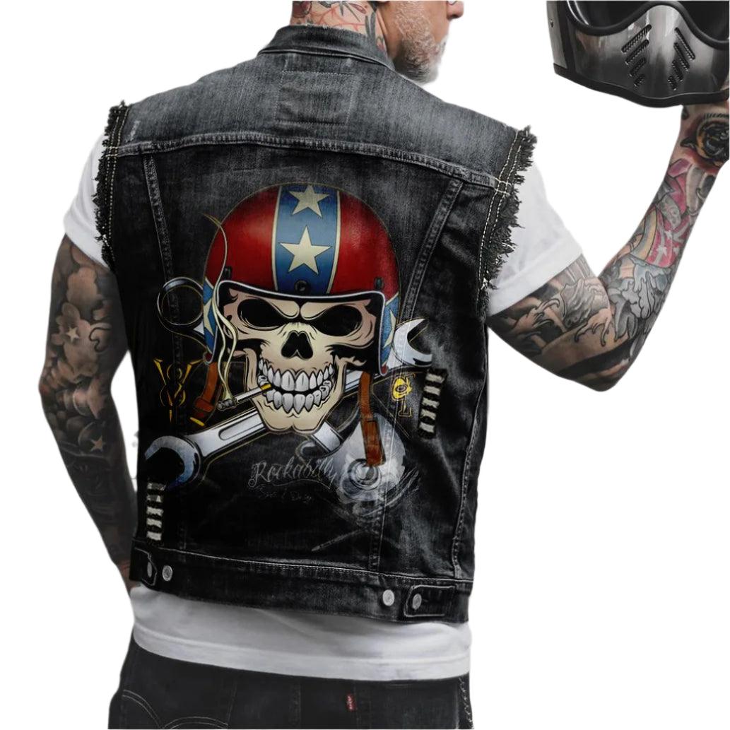 Comfort Stylish Street Riding 3D Print Sleeveless Denim Waist Vest Coat for Men - JVMCL