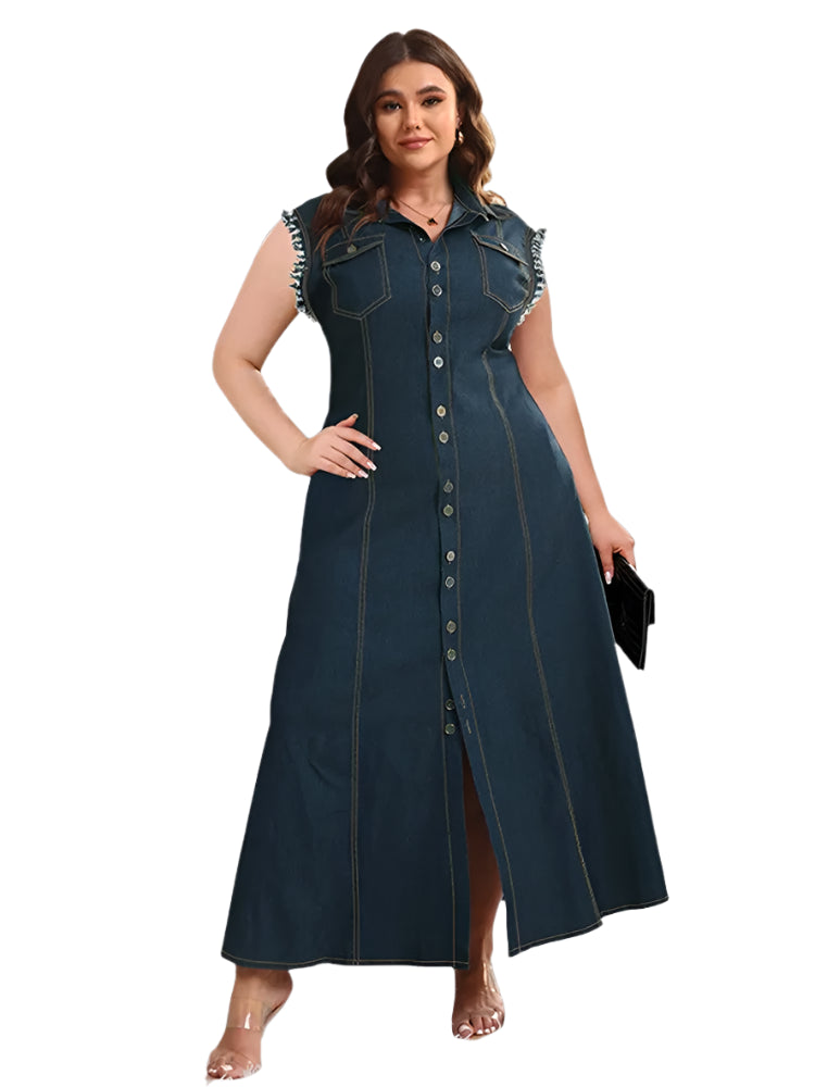 Elegant Button-Up Summer Fashion Denim Plus Size Sleeveless Maxi Dress