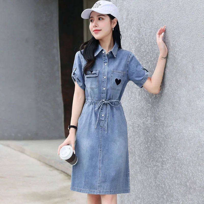 Women's Summer Slim Fit Lace-Up Single-Breasted Midi Denim Shirt Dress