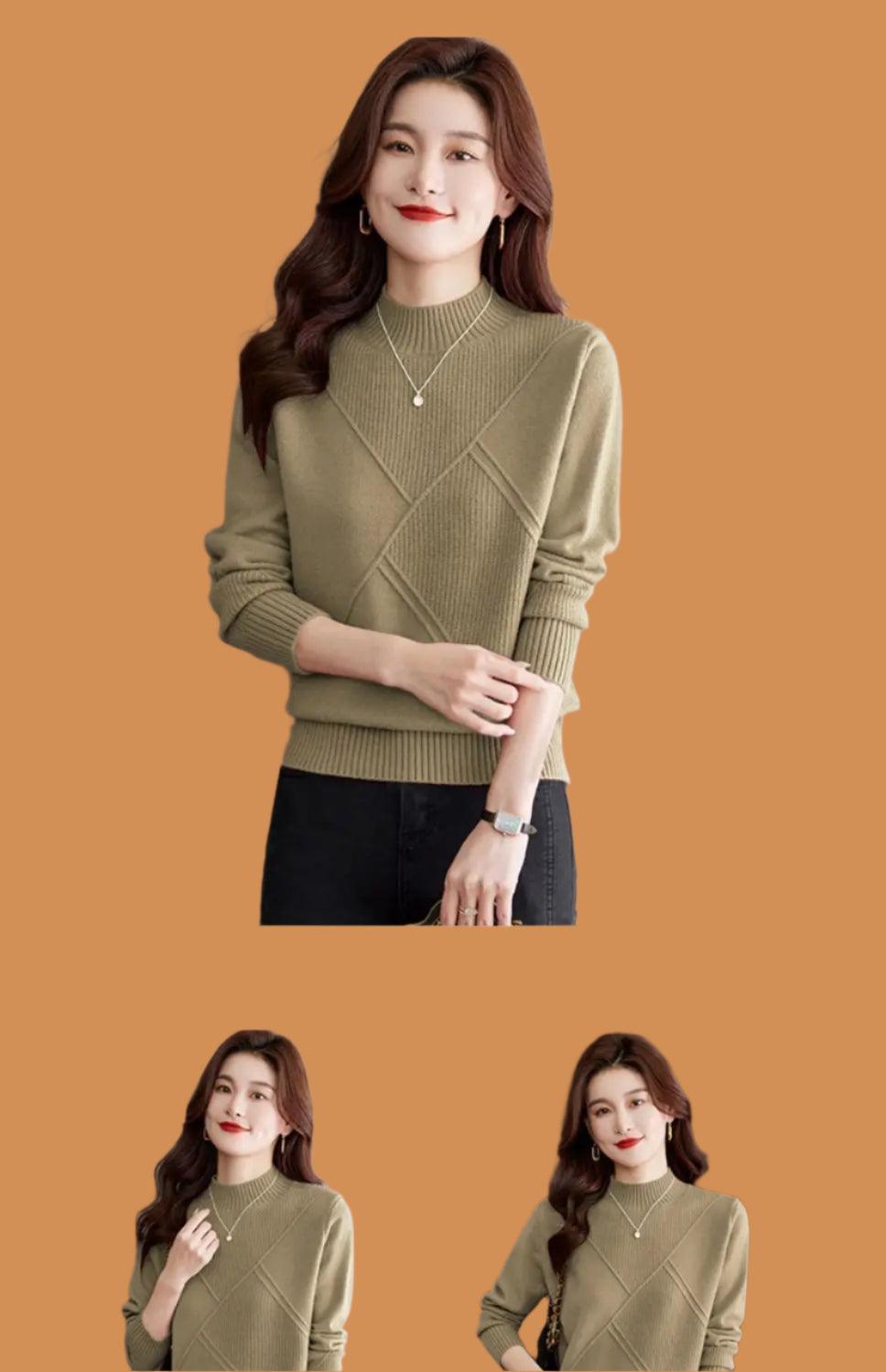 Fashionable Puff Sleeve Bottoming Half Turtleneck Loose Knitted Sweater - JVMCL