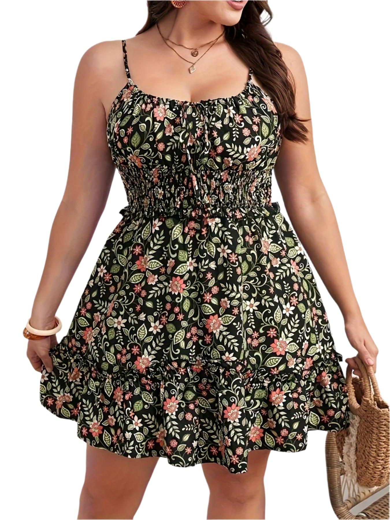 Plus Size Floral Print Ruffle Sling Dress - Elegant Summer Vacation Dress - JVMCL