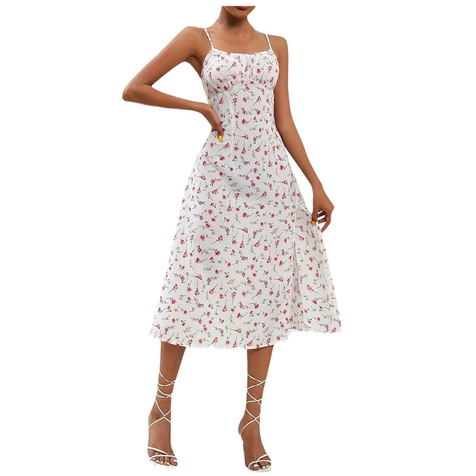 Elegant Red Polka Dot Split Floral Suspender Dress – Beach Party Maxi Dress - JVMCL