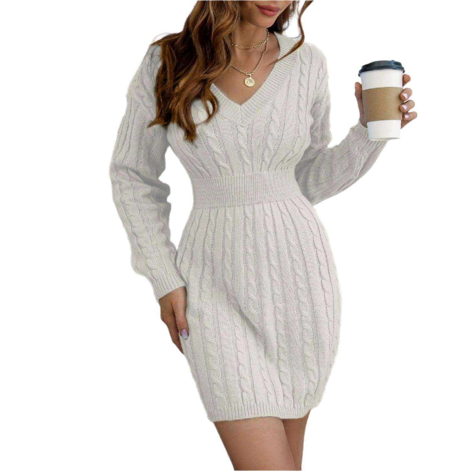 Knitted Solid Color V-neck Long-Sleeved Twist Waist Hip-Covering Sweater Dress - JVMCL