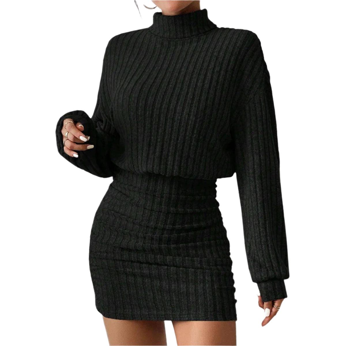 Knitted Pullover Mini Dress – Casual High Neck A-Line Dress with Lantern Sleeves - JVMCL