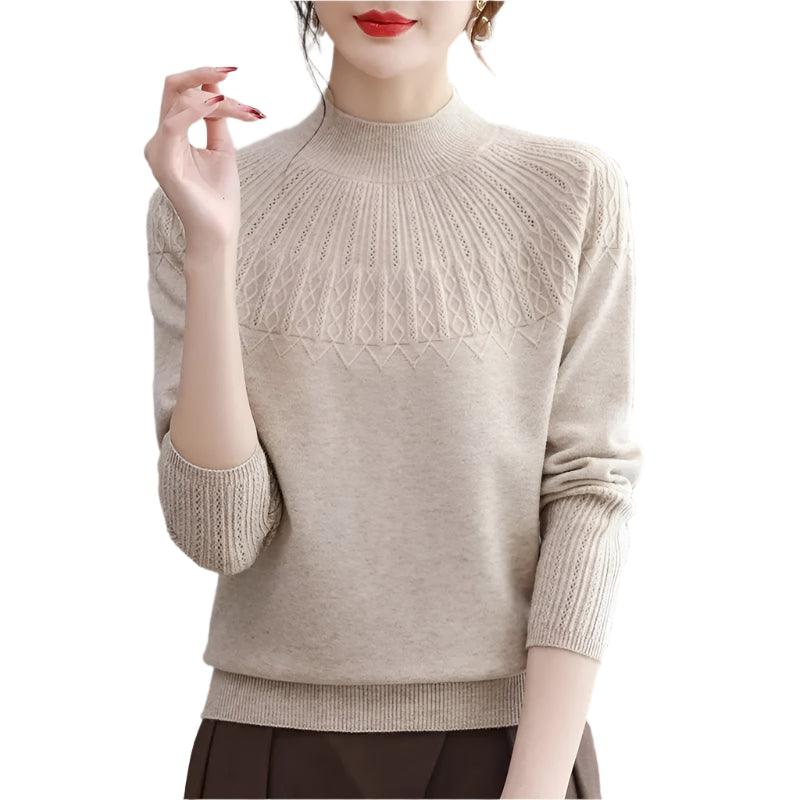 Women's Solid Half-High Collar Cashmere Sweater – Loose Knit Wool Casual Top - JVMCL