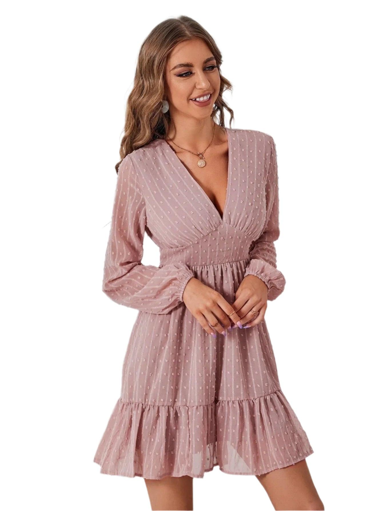 Lantern Sleeve Solid Color Long Sleeve V-Neck High Waist Women's Short Dress - JVMCL