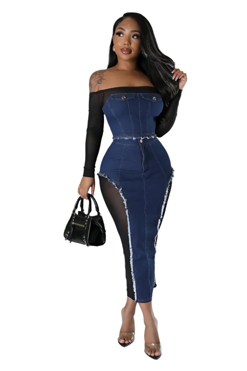 Elegant Mesh Patchwork Denim Dress Set – 2-Piece Clubwear Outfit for Women - JVMCL