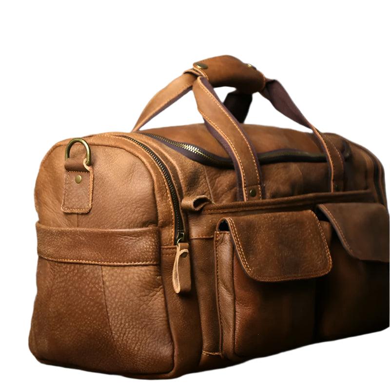 Retro Men's Genuine Leather Travel Duffel Bag – Large Capacity Hand Luggage & Messenger Bag - JVMCL