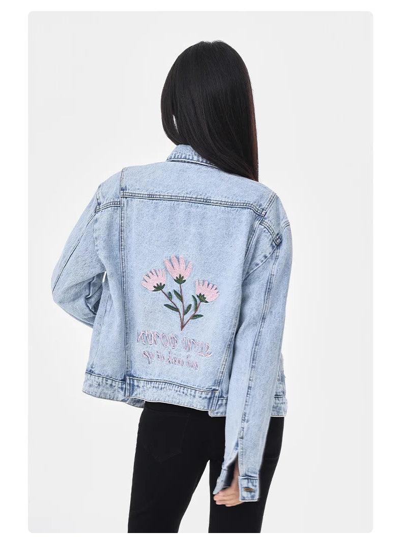 Women's Floral Embroidery Hole Denim Jacket-High Street Slim Fit Short Jean Coat - JVMCL