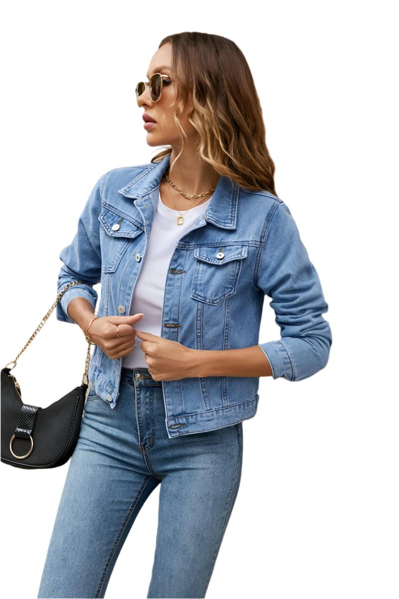 Women's Short Slim Denim Jacket -Casual Fall/Winter Jean Coat with Patch Details - JVMCL