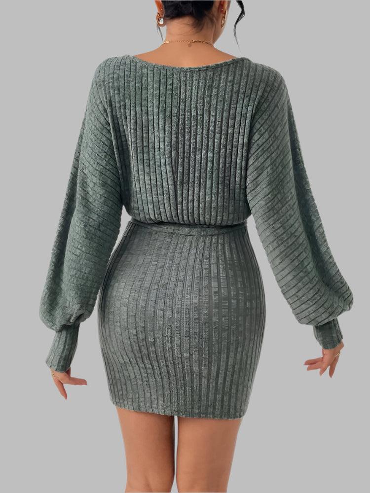 Fashion Round Neck Striped Green Lace Knit Striped Texture Bag Arm Dress - JVMCL