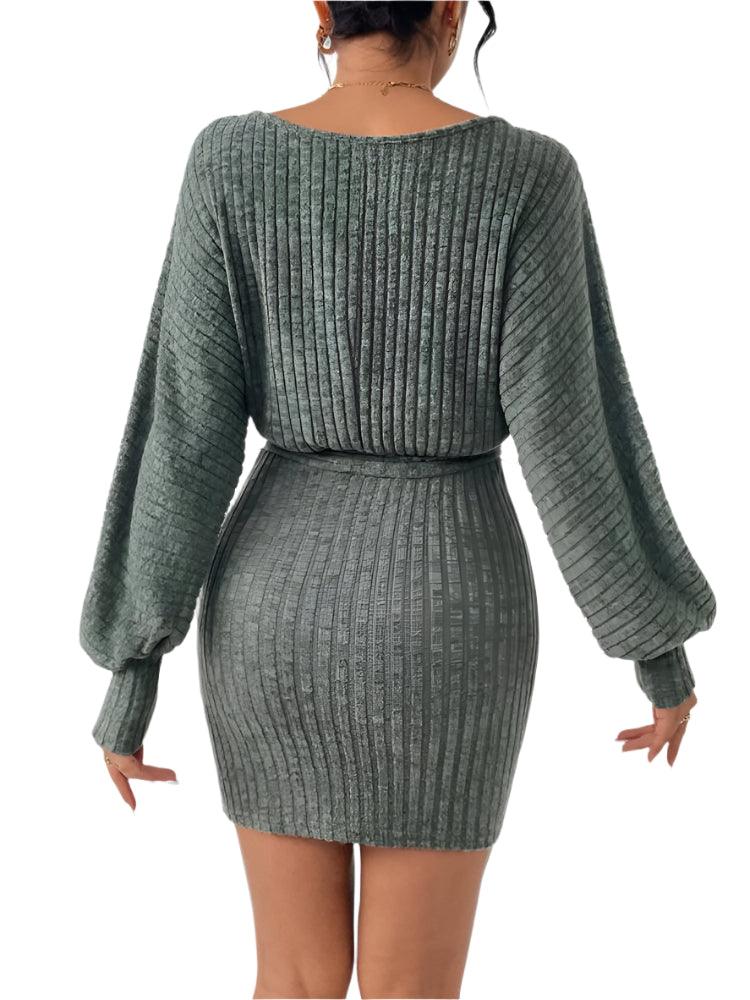 Fashion Round Neck Striped Green Lace Knit Solid Color Bag Arm Commuter Dress - JVMCL