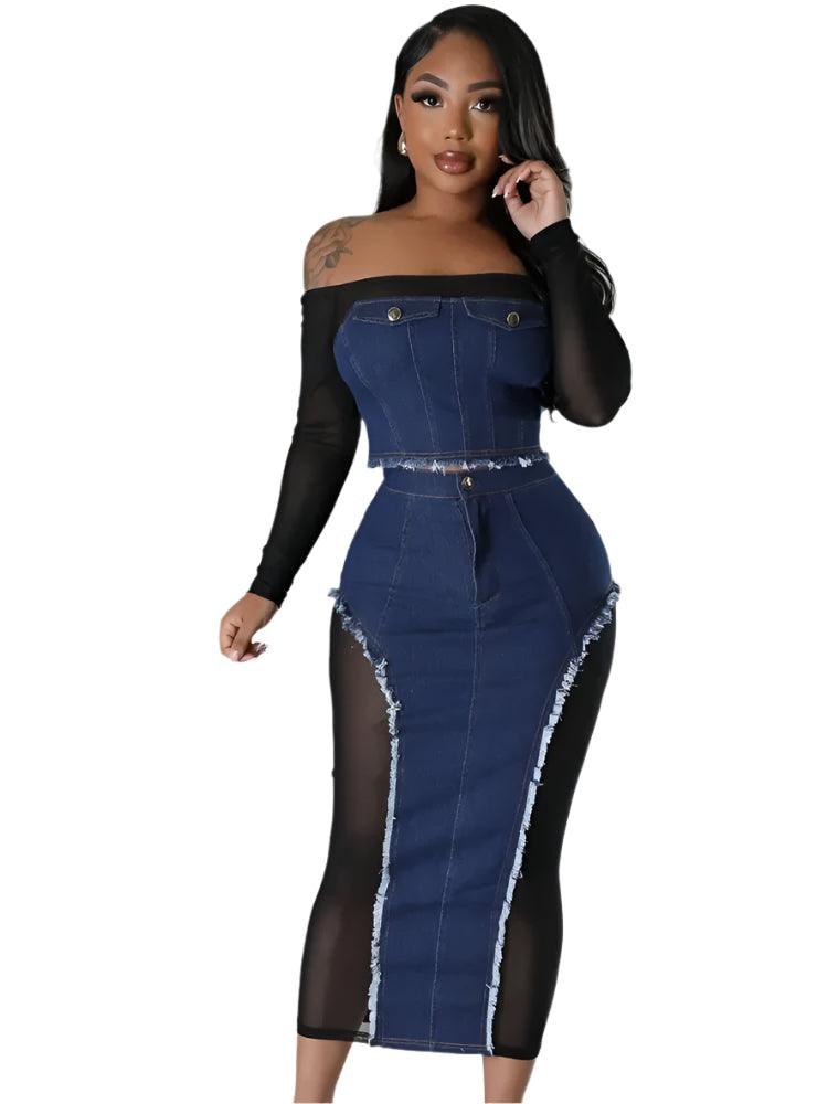 Elegant Mesh Patchwork Denim Dress Set – 2-Piece Clubwear Outfit for Women - JVMCL