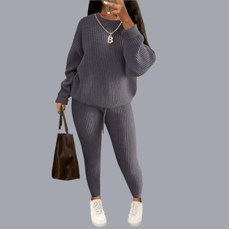 Two-Piece Knitted Autumn Women's Casual Loose Fit Outfit Sweater & Pants Set - JVMCL