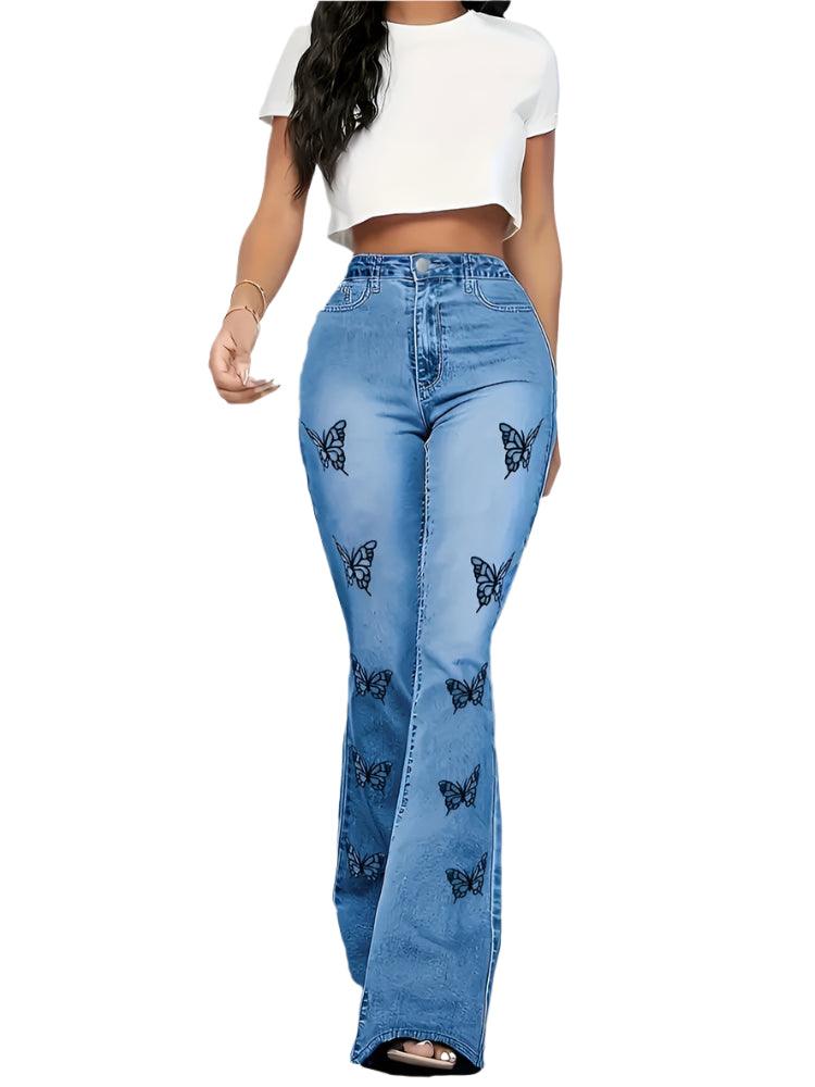 Y2K High-Waist Butterfly Print Flare Jeans – Trendy & Loose-Fit Fall Denim - JVMCL