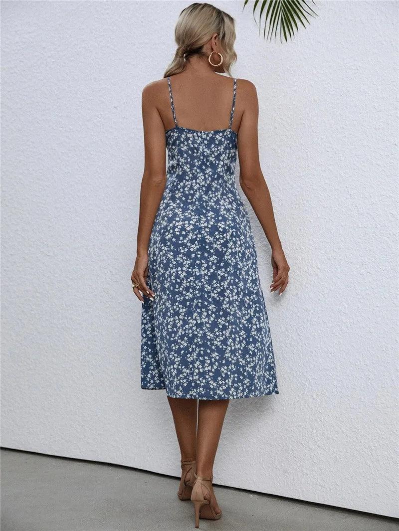 Elegant Floral Print Summer Split Dress - Slim Waist Spaghetti Strap Sheath Dress - JVMCL