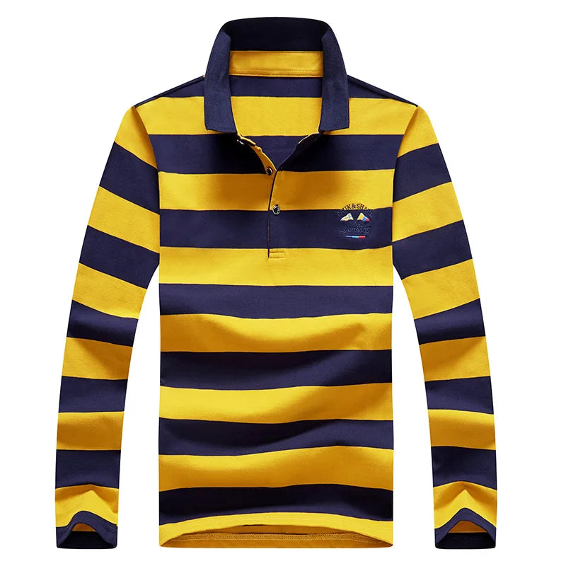 Men’s Cotton Long-Sleeve Striped Polo Shirt – Casual Business Fashion Sweater