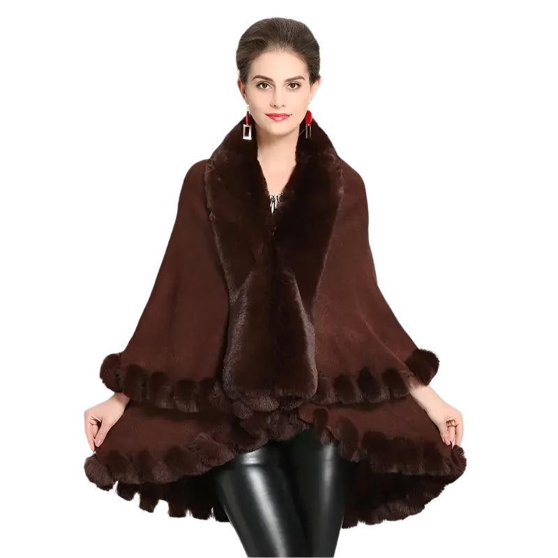 Women's Winter Knitted Poncho Cloak – Faux Rex Rabbit Fur Collar Pashmina Wrap