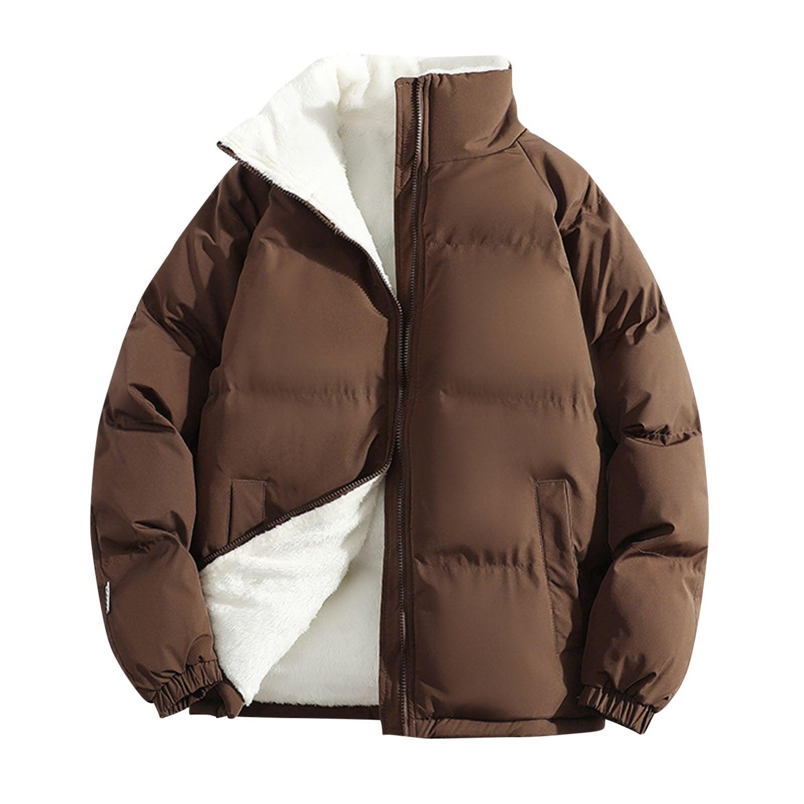 Men's Thick Padded Fleece Jacket: Loose Stand Collar Puffer Coat for Winter Wear - JVMCL