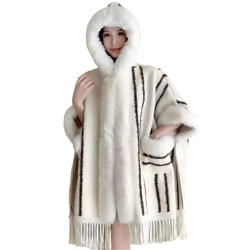 Hooded Overcoat Plaid Faux Lamb Fur Women’s Long Thick Velvet Poncho Cloak - JVMCL