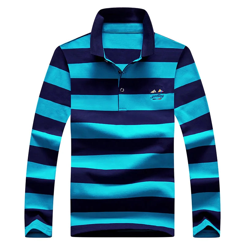 Men’s Cotton Long-Sleeve Striped Polo Shirt – Casual Business Fashion Sweater