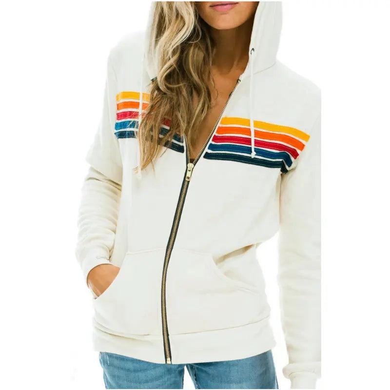 Aviator Nation 5 Stripe Rainbow Hooded Sweatshirt– Slim Fit Fleece Zip-Up Jacket - JVMCL