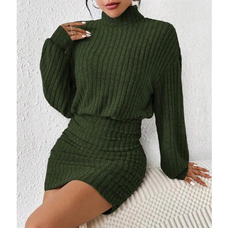 Women's High Neck Slim Knit Sweater Dress – Casual Long Sleeve Solid Mini Dress - JVMCL