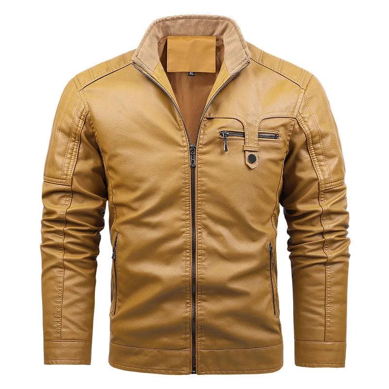 Men’s Standing Collar PU Leather Jacket – Multi-Pocket Moto & Biker Style - JVMCL