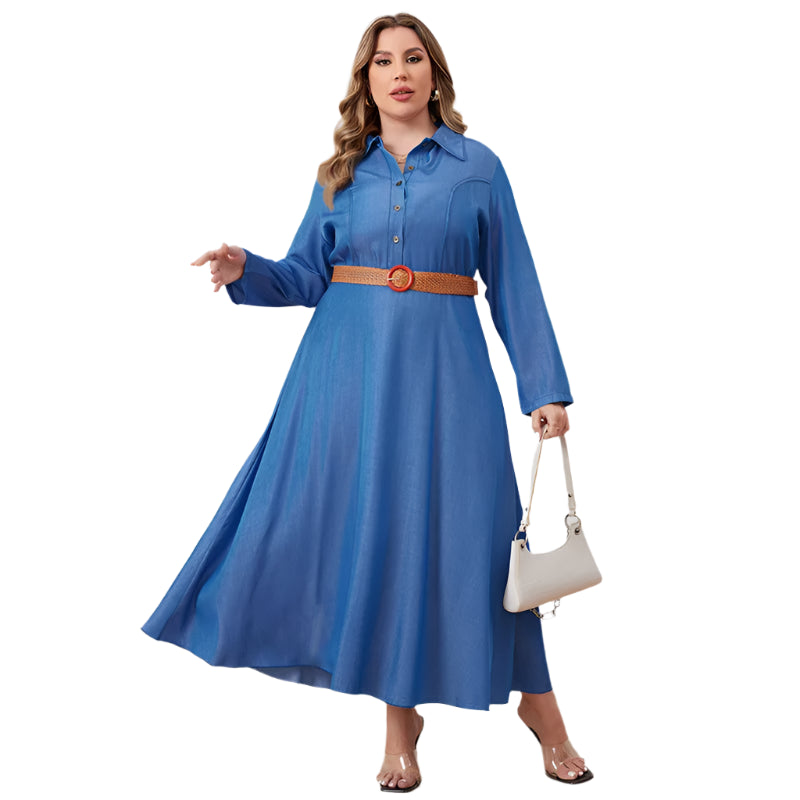 Plus Size Button-Up Long Sleeve Curvy Fit Jean Denim Women Dress