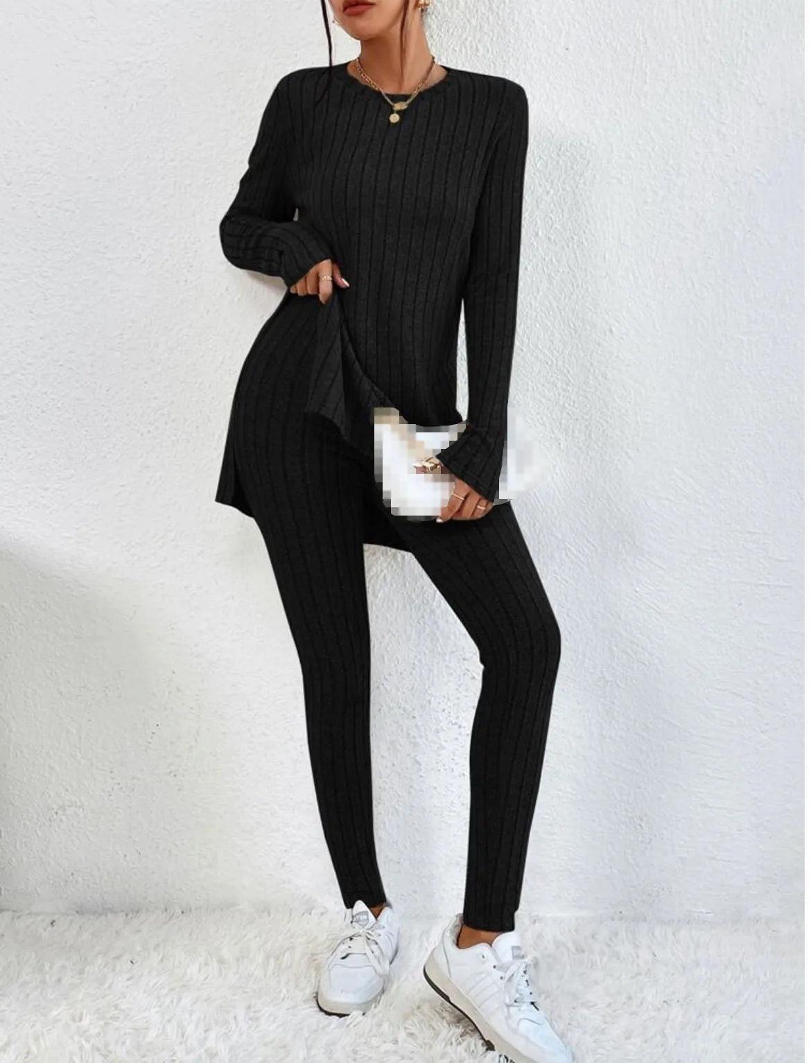 Women's Fashion Autumn Casual Set – Long Sleeve Split Shirt & High Waist Pants ✨ - JVMCL