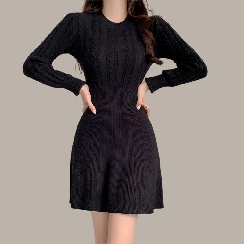 Chic Feminine Korea Winter Spring Women Office Lady O-Neck Knitted Sweater Dress - JVMCL