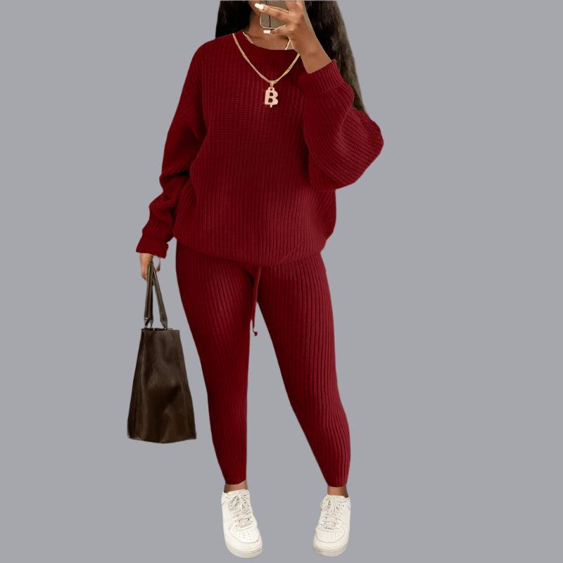 Two-Piece Knitted Autumn Women's Casual Loose Fit Outfit Sweater & Pants Set - JVMCL