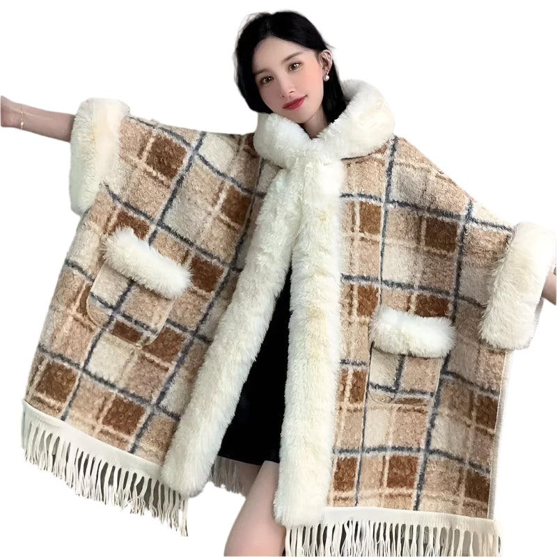 Hooded Overcoat Plaid Faux Lamb Fur Women’s Long Thick Velvet Poncho Cloak - JVMCL