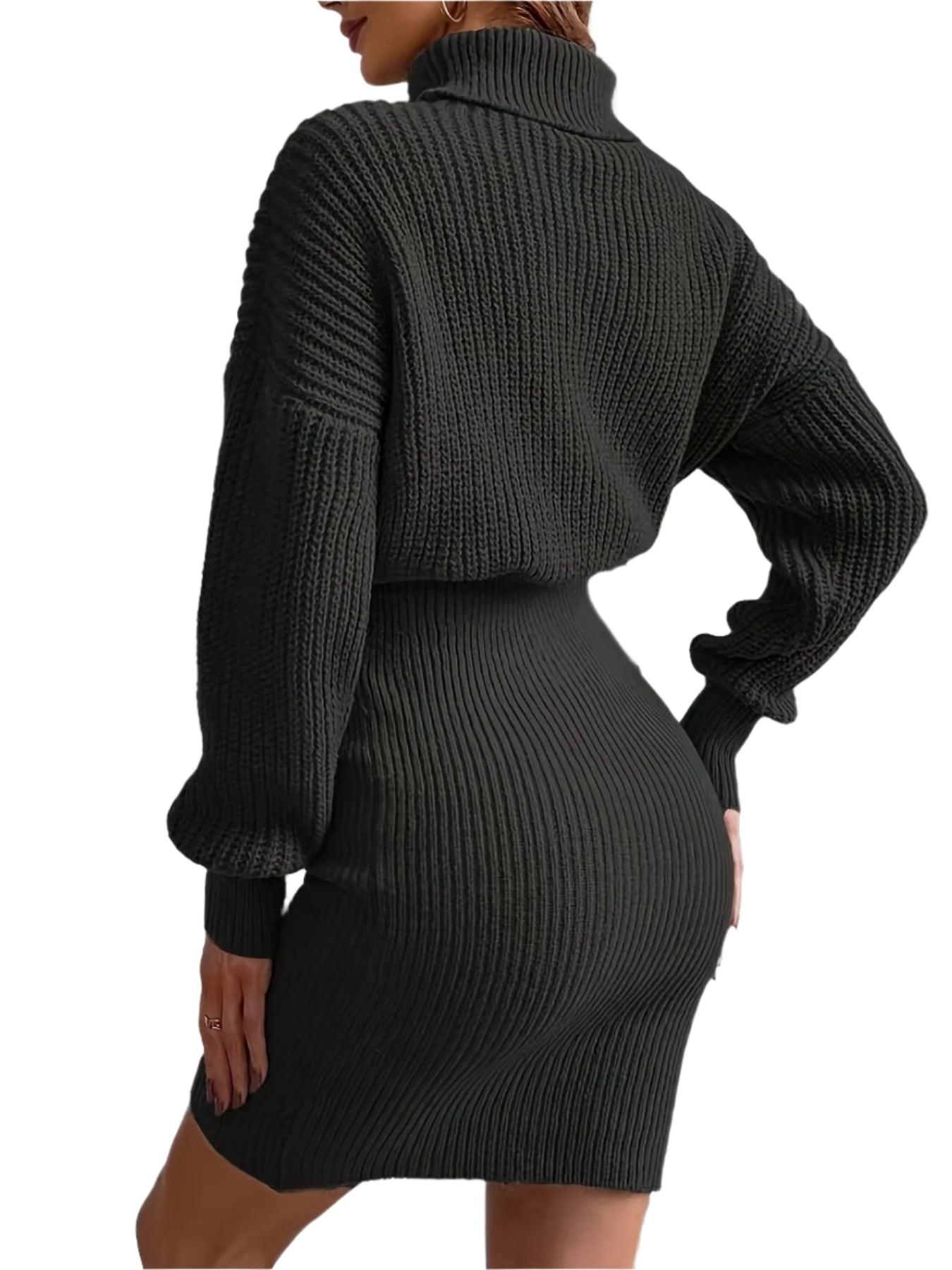 New Versatile High-neck Dropped-Sleeve Sweater Dress – Slim Fit Sheath Mini - JVMCL