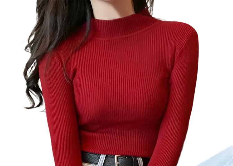 Autumn Winter Mock Neck Women Sweater - Vintage Basic Slim Knitted Casual Pullover - JVMCL