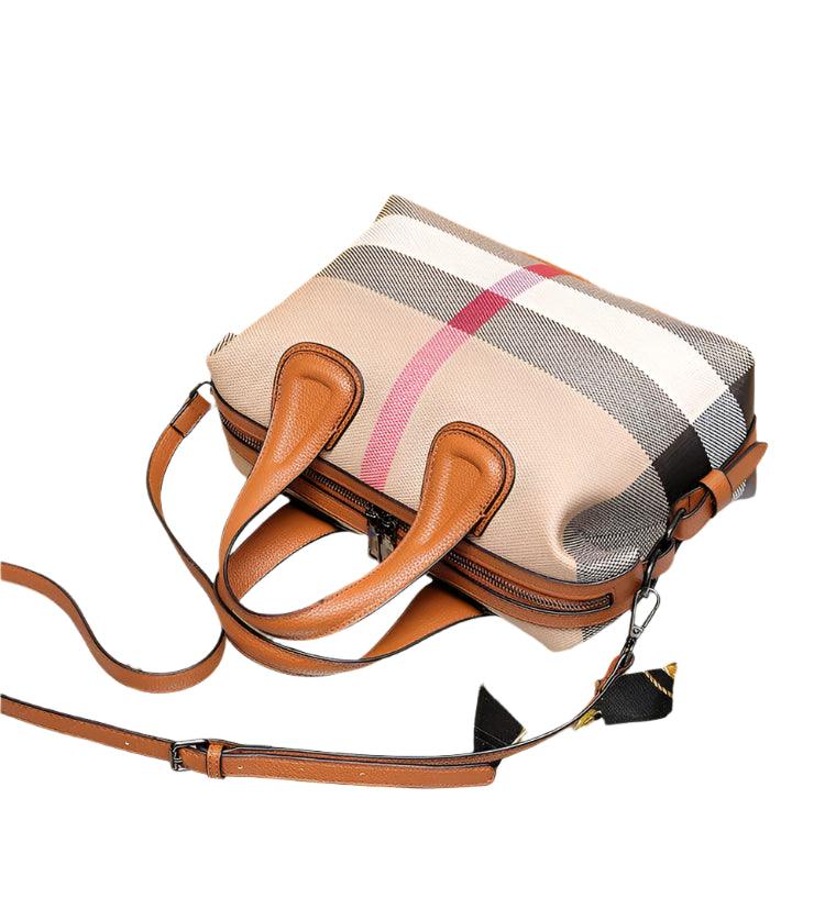 Luxury Plaid Canvas Boston Handbag – Designer Crossbody & Shoulder Bag for Women - JVMCL