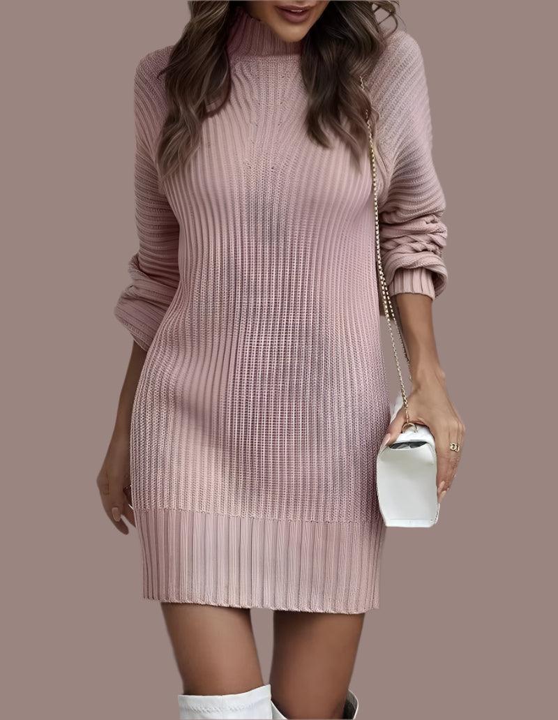 Elegant Solid Color Pit-stripe Turtleneck Long Sleeve Knitted Sweater Dresses - JVMCL