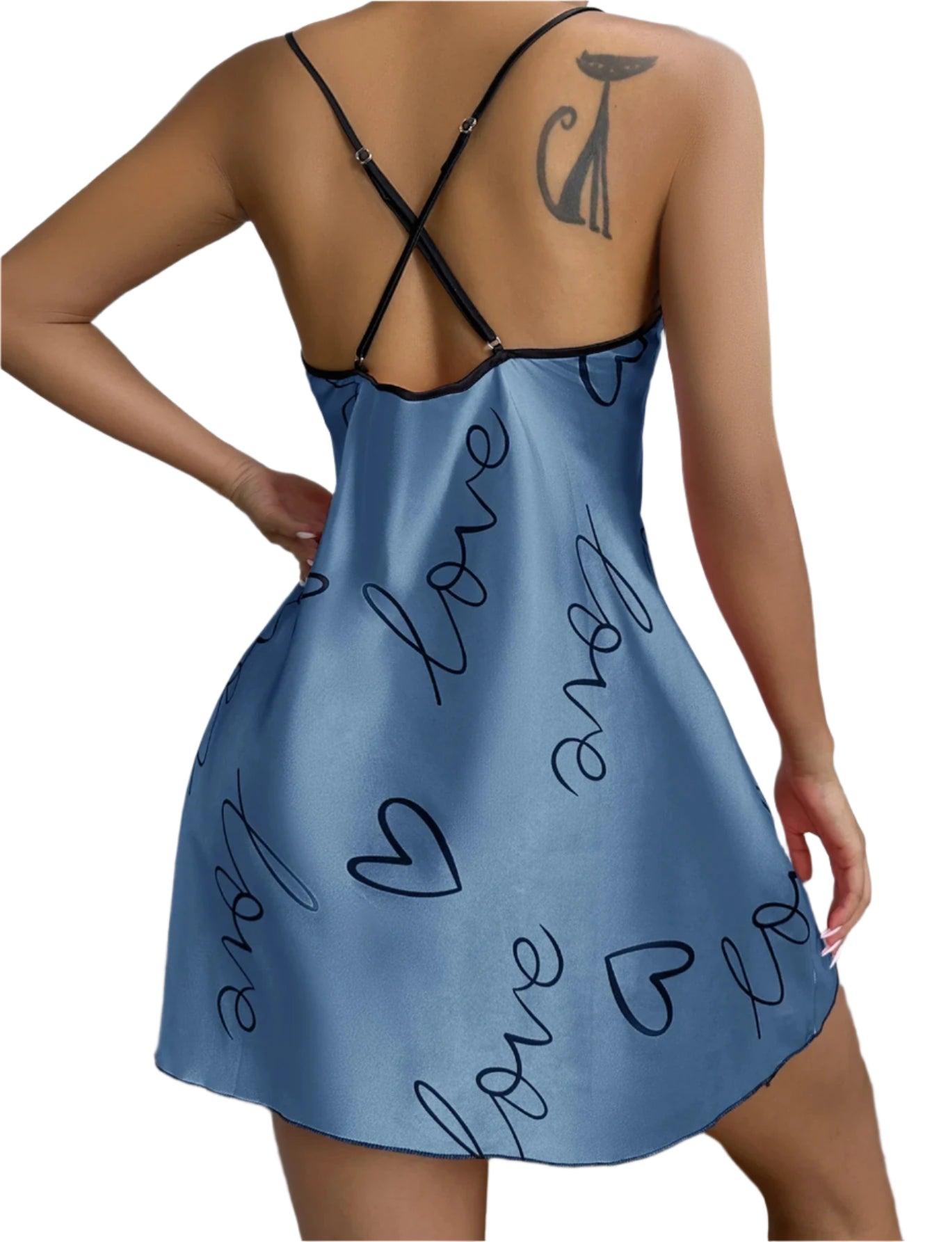 Heart Print Criss-Cross Back Nightdress - Elegant Scoop Neck Sleepwear - JVMCL