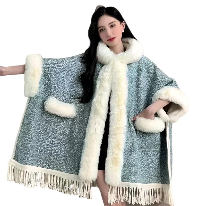 Hooded Overcoat Plaid Faux Lamb Fur Women’s Long Thick Velvet Poncho Cloak - JVMCL